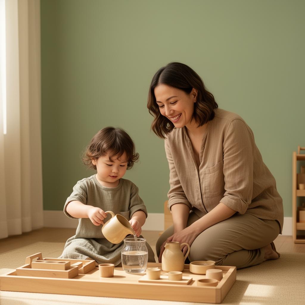 Montessori teacher guiding a child